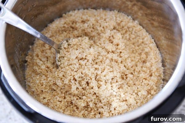 Top down view of cooked quinoa in the Instant Pot.
