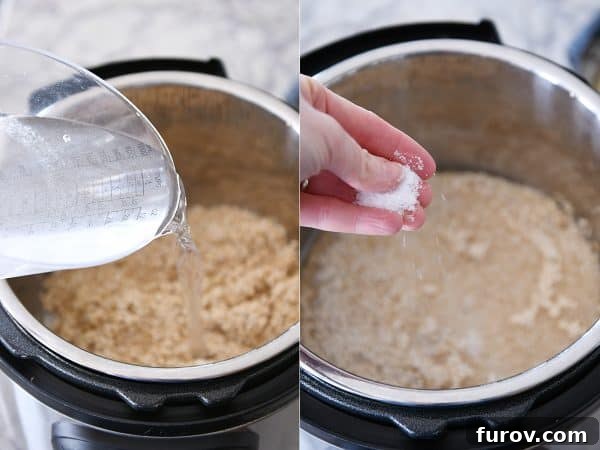 Pouring water and salt into Instant Pot with the quinoa.