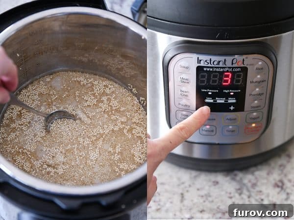 Stirring quinoa in the Instant Pot and setting timer.