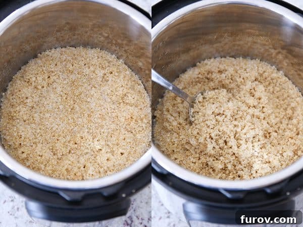 Stirring cooked quinoa in the Instant Pot.