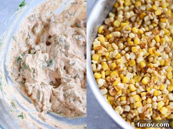 Zesty Mexican Street Corn Salad 4 Side-by-side images showing the preparation steps: a creamy dressing being whisked in one bowl and toasted corn kernels in a skillet, ready to be combined.