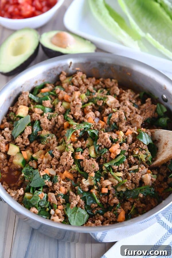 Vibrant Veggie Turkey Lettuce Tacos 10 A pan full of the vibrant veggie turkey taco filling, cooked and ready to serve.