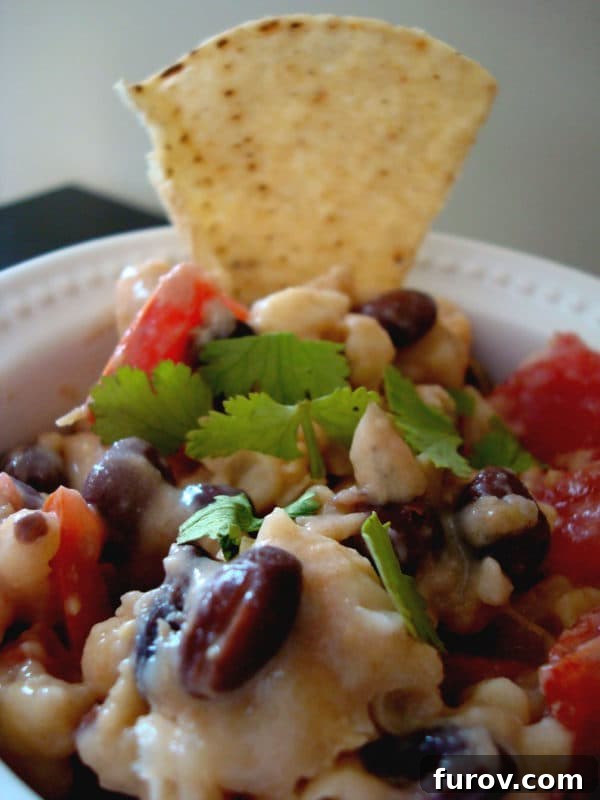 Bowl of black bean dip with chip.