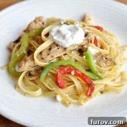 Close-up of grilled chicken fajita fettuccine with a dollop of sour cream and fresh cilantro.
