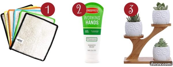Mel's Festive Finds: A Couple's Gift Guide 3 a collection of practical household and personal care items like Whiff dish cloths, O'Keeffe's Working Hands cream, and an adorable owl succulent pot holder