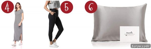 Mel's Festive Finds: A Couple's Gift Guide 4 comfortable t-shirt dress, stylish joggers in black camo, and a luxurious silk pillowcase for beauty sleep