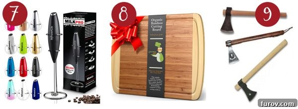 Mel's Festive Finds: A Couple's Gift Guide 5 milk frother for hot beverages, elegant bamboo cutting boards in two sizes, and throwing hatchets for outdoor recreation