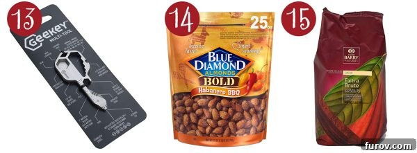 Mel's Festive Finds: A Couple's Gift Guide 7 Geekey multi-tool, Bold Habanero BBQ Almonds, and Extra Brute Cocoa Powder for baking enthusiasts