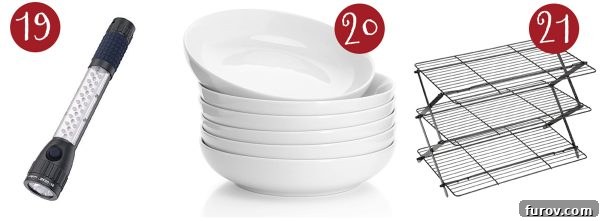 Mel's Festive Finds: A Couple's Gift Guide 9 roadside emergency flashlight with multiple functions, versatile white serving bowls, and a space-saving collapsible cooling rack
