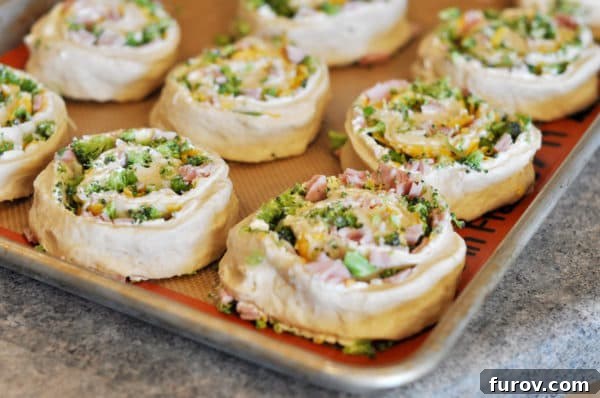 A baking sheet filled with uncooked, rising pinwheel rolls, each generously stuffed with ham, broccoli, and cheese, ready for the oven.