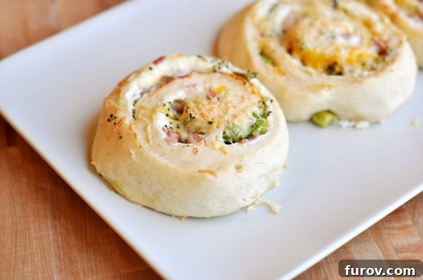 A single, perfectly baked stuffed pinwheel roll showcasing its spiral layers and golden crust on a clean white plate.
