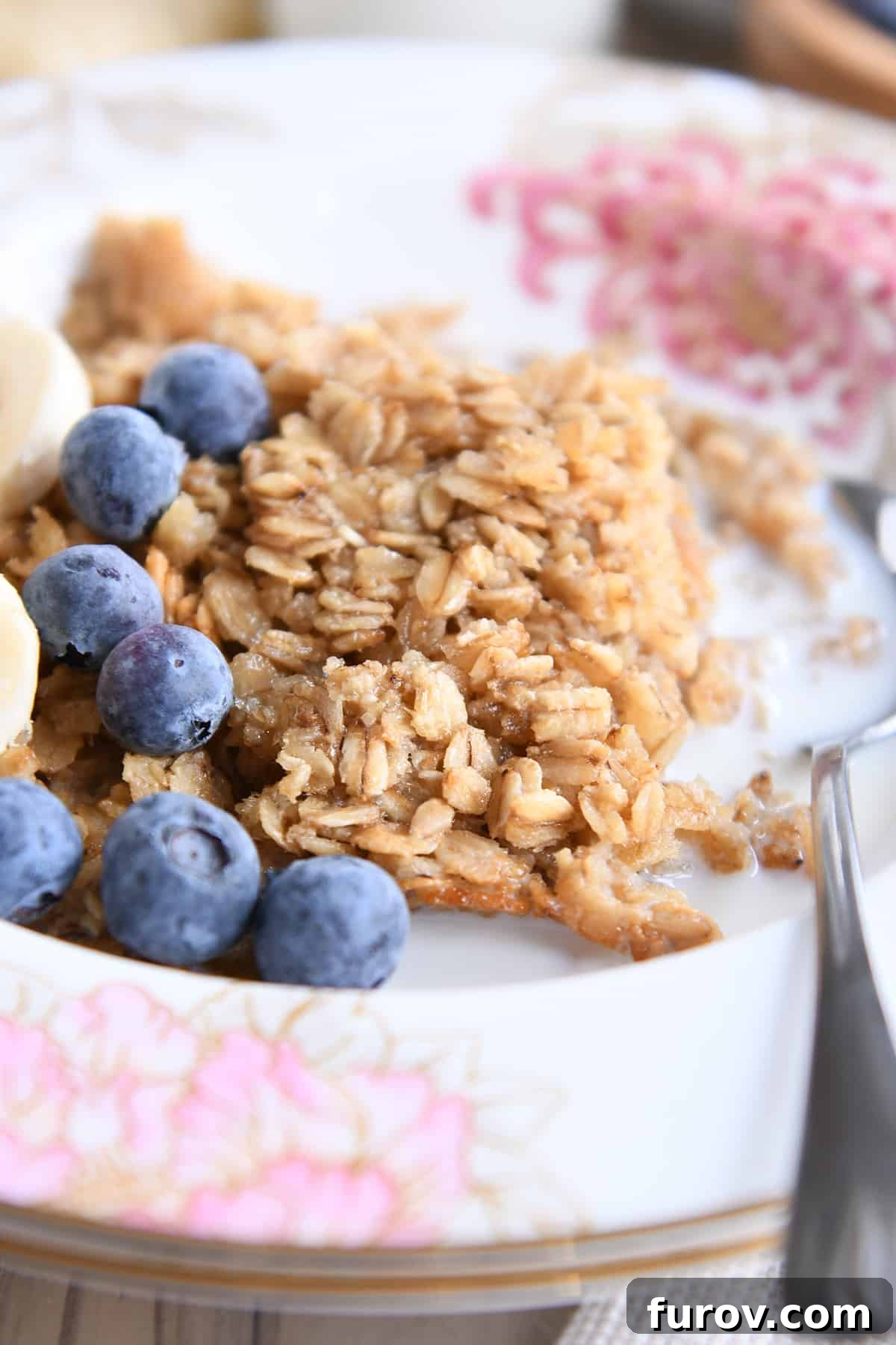 A bowl of freshly baked Amish oatmeal, garnished with fresh blueberries and sliced bananas, ready to be enjoyed.