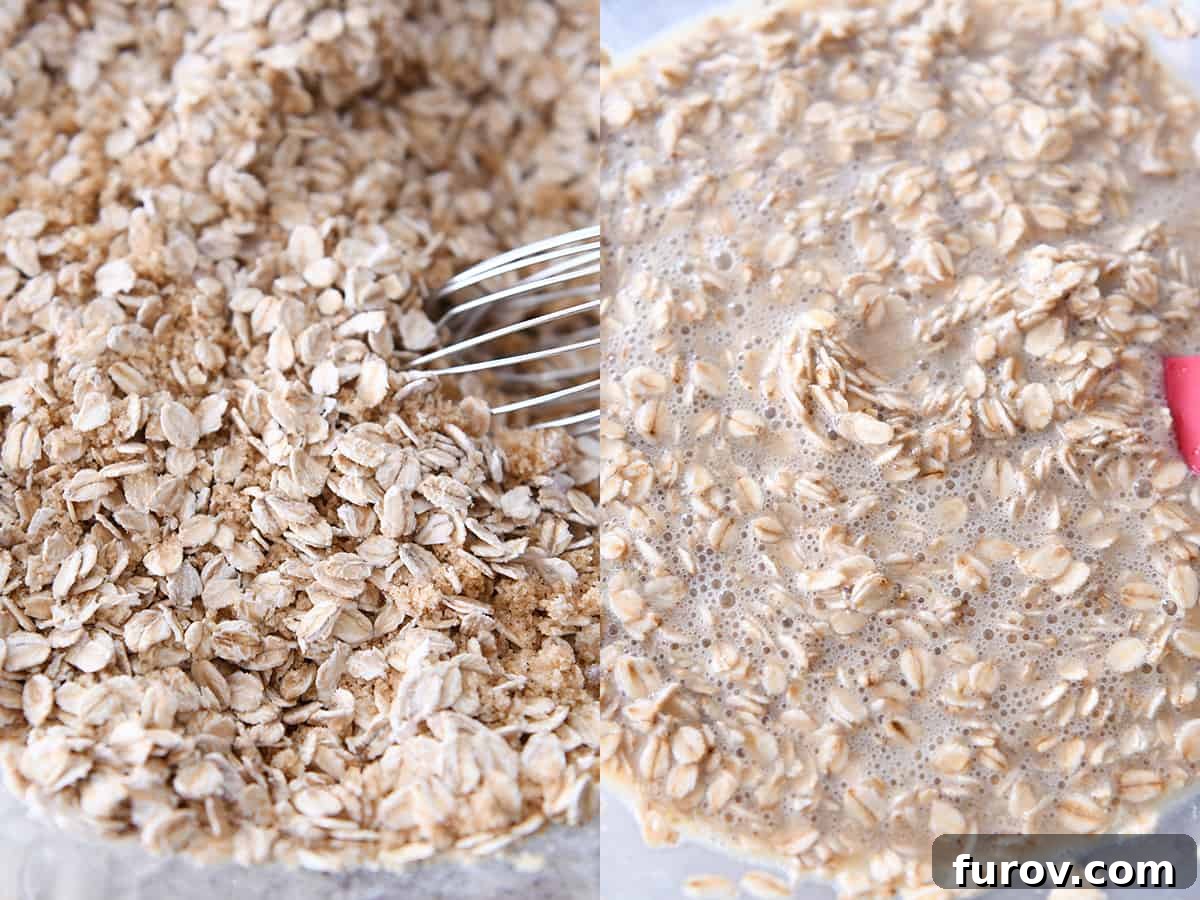 A large mixing bowl filled with the key dry and wet ingredients: oats, brown sugar, eggs, and milk, ready to be combined for the baked oatmeal recipe.