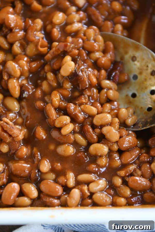 Slotted serving spoon scooping glistening saucy baked beans from a white ceramic dish, ready to be served at a family gathering or BBQ.