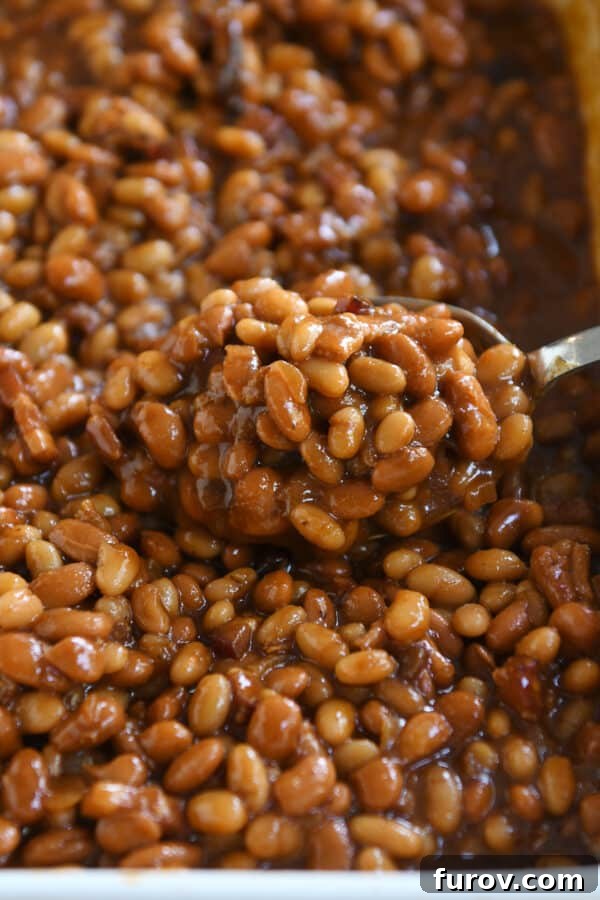 A spoon poised to scoop saucy baked beans from a pan, highlighting their rich texture and deep color.