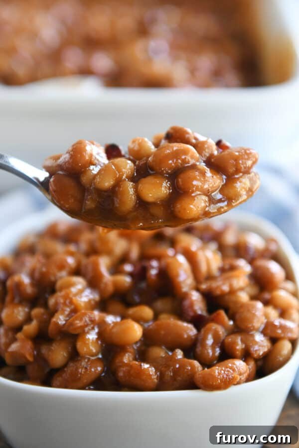 A spoonful of saucy baked beans carefully placed on a white square dish, showcasing their appetizing glaze and texture.