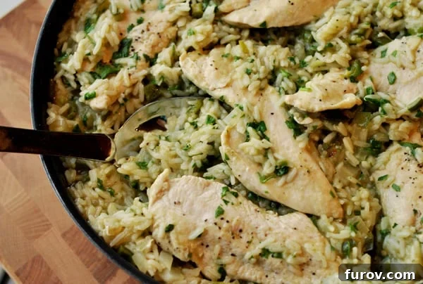 Zesty Skillet Chicken with Vibrant Mexican Green Rice 2 Dark skillet filled with Mexican rice and strips of cooked chicken, garnished with fresh cilantro.