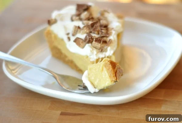 Slice of pudding pie on a white plate with whipped cream and toffee bits on top, showcasing a rich, creamy texture.