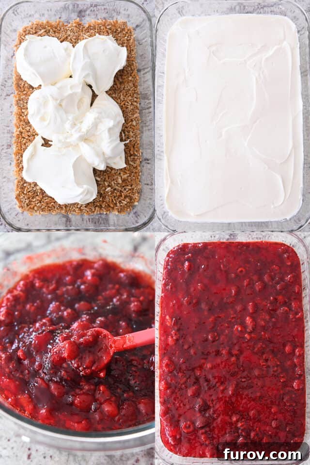 A four-panel image sequence demonstrating the step-by-step assembly of a Raspberry Pretzel Jello salad, showing the pretzel crust, cream layer, and raspberry jello being added.