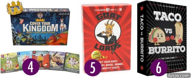 A vibrant display of various family-friendly card games, highlighting Cover Your Kingdom and Goat Lords as top picks.