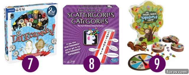 A selection of diverse board games including Dicecapades and Scattergories, highlighting fun for different age groups.