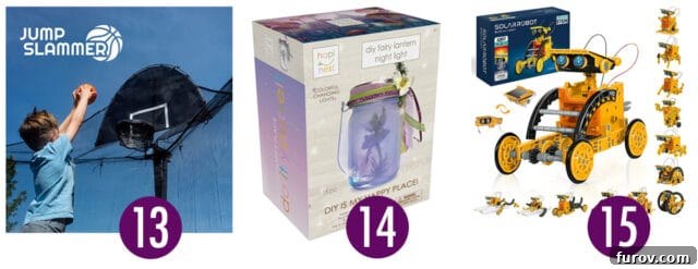 A playful snapshot of kids' creative and STEM-focused toys, including a trampoline basketball hoop and a DIY fairy lantern.