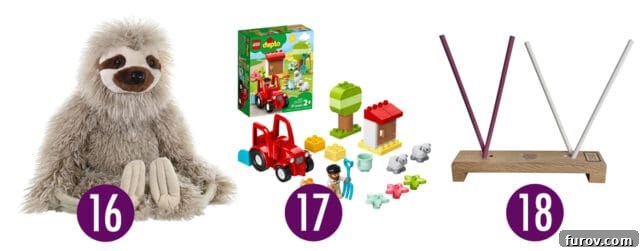 Adorable stuffed animals and LEGO Duplo sets, highlighting comforting and imaginative gifts for younger children.