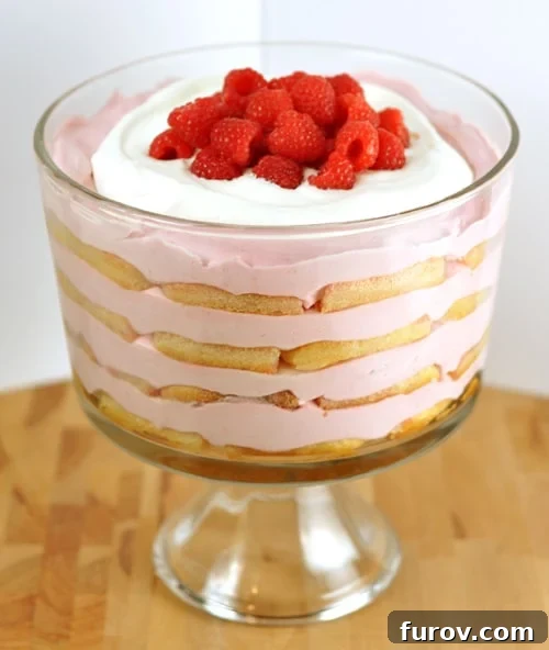 Clear trifle dish with layers of ladyfingers and pink berry layers and topped with whipped cream and fresh raspberries.