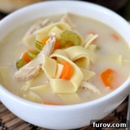 A top-down view of a steaming bowl of classic chicken noodle soup.
