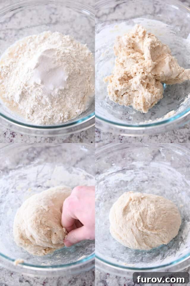 Making dough in glass bowl for breadsticks, highlighting the simple, hand-mixing process.