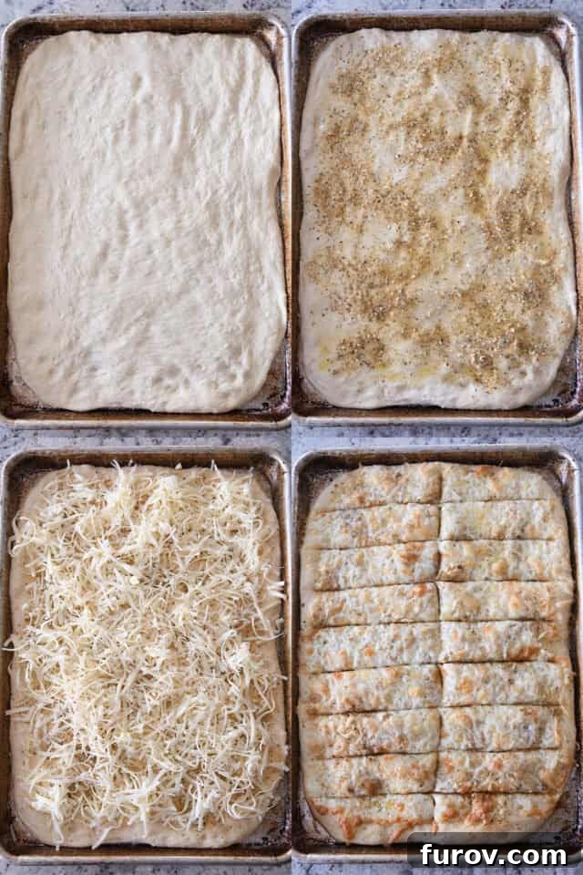 Pressing dough into sheet pan, adding olive oil and herbs to dough, sprinkling cheese on top of herbs, sheet pan of baked breadsticks – a visual guide to the preparation.
