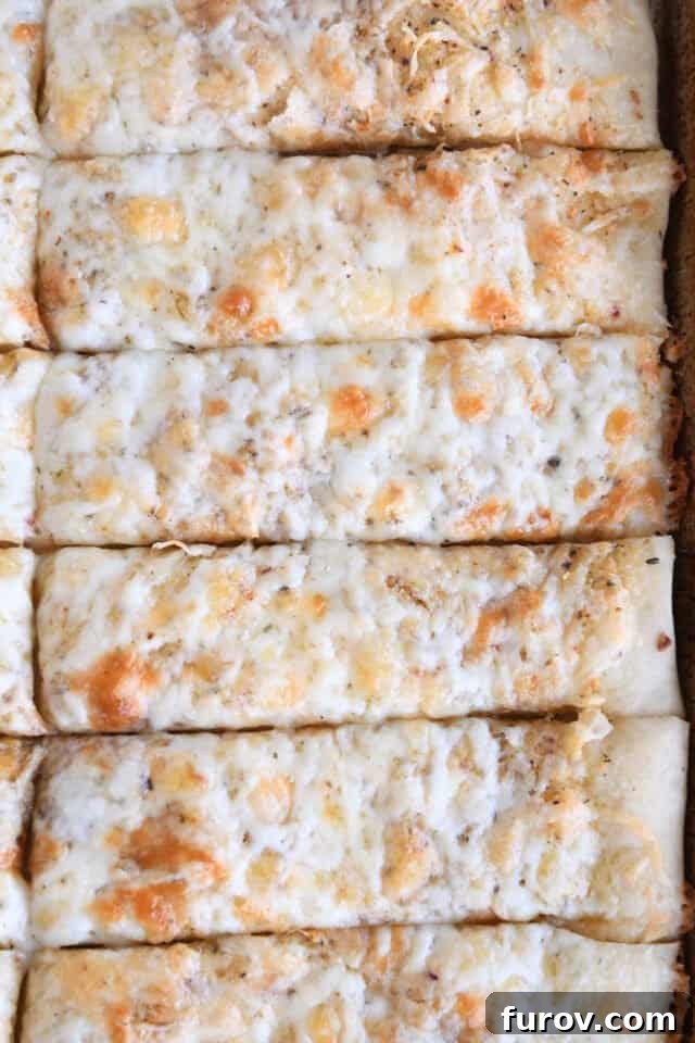 Close up view of six cheesy breadsticks on sheet pan, showing their golden crust and bubbly cheese.