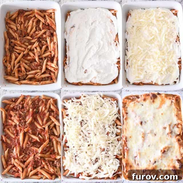 Make Ahead Freezer Friendly Cheesy Weeknight Pasta Bake 5 Assembling pasta bake with noodles, red sauce, ricotta cheese and mozzarella cheese.