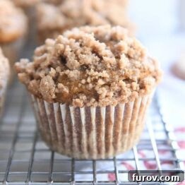 A perfectly baked Pumpkin Snickerdoodle Muffin on a cooling rack, showcasing its delectable streusel topping.