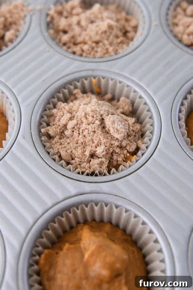Muffin batter in a paper liner, generously topped with cinnamon streusel, perfectly arranged and ready for the oven.
