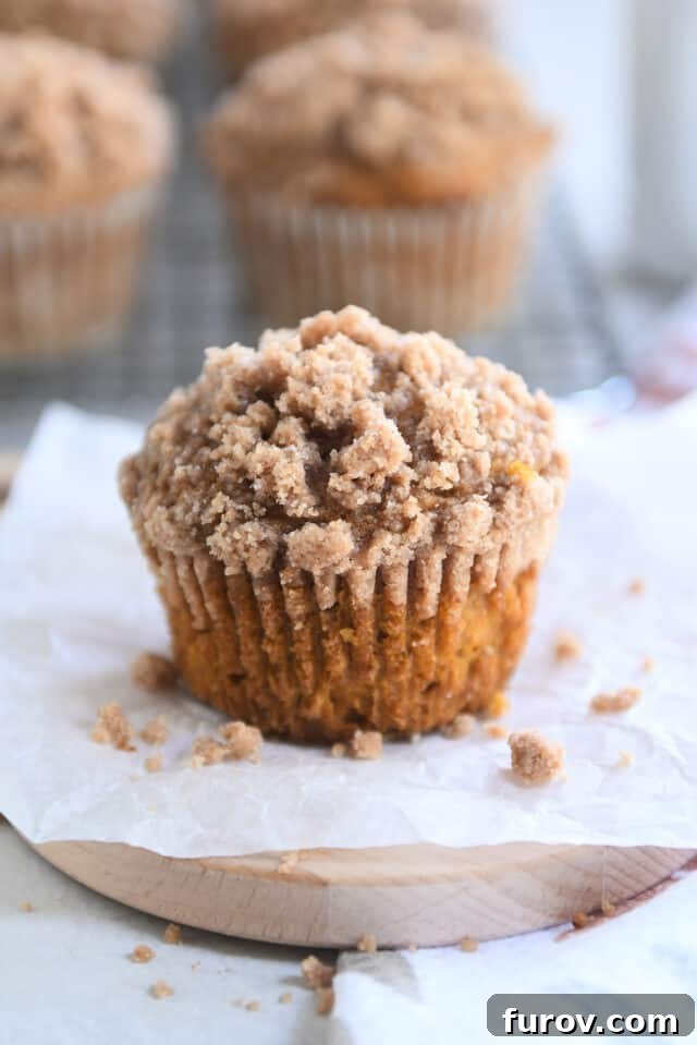 A single streusel-topped pumpkin muffin resting on white parchment paper, with delicate streusel crumbs around it, highlighting its rustic beauty.