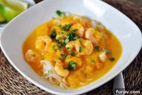 Creamy Coconut Curry Butternut Soup with Shrimp and Rice Noodles