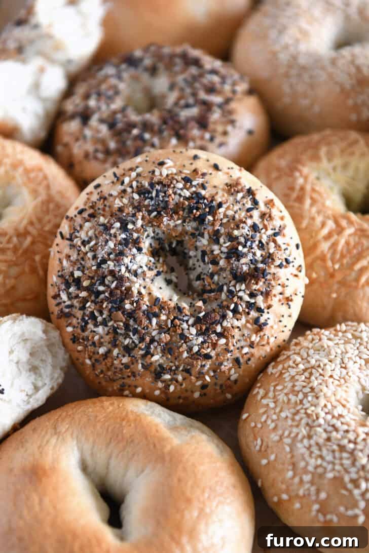 Lots of golden-brown homemade bagels with various toppings, including everything bagel seasoning, arranged on a baking sheet.