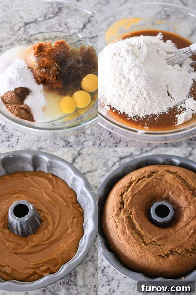 Bowl with eggs, sugar, pumpkin, spices; mixing pumpkin cake; unbaked and baked pumpkin cake in bundt pan, illustrating the simple one-bowl process.