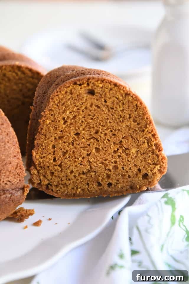 Slice of pumpkin bundt cake on server on white platter, ready for serving.