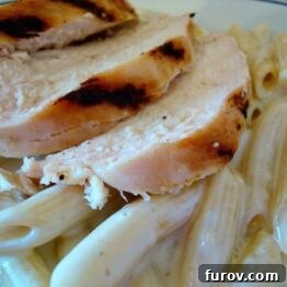 Close-up of Penne Gorgonzola Chicken on a plate
