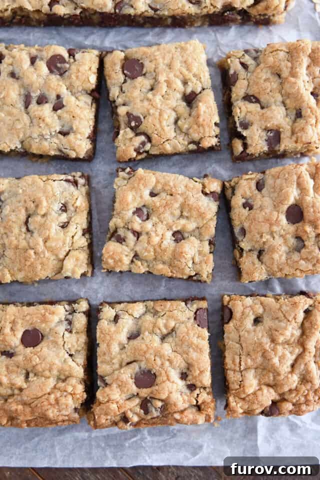 Homestyle Oatmeal Chocolate Chip Cookie Bars 8 Nine perfectly cut squares of oatmeal chocolate chip cookie bars arranged on white parchment paper.