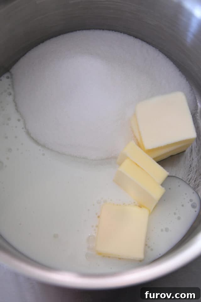 Velvety Buttermilk Caramel 3 Sugar, buttermilk, and butter in saucepan.