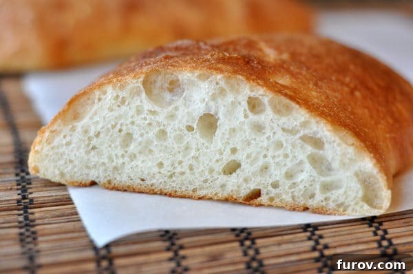 Homemade Ciabatta The Key to Earths Best Garlic Bread 2 A golden-brown loaf of ciabatta bread, sliced open to reveal its airy, open crumb structure, resting on a pristine white napkin.