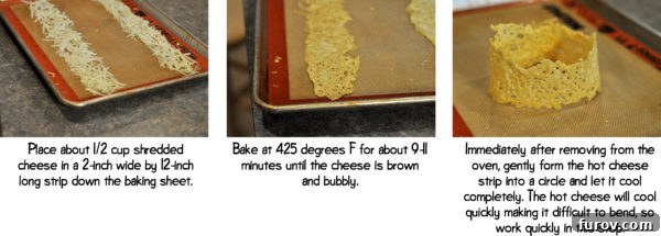 Step-by-step photos illustrating how to bake shredded Asiago cheese into a crisp and then mold it into a circular bowl shape for serving.