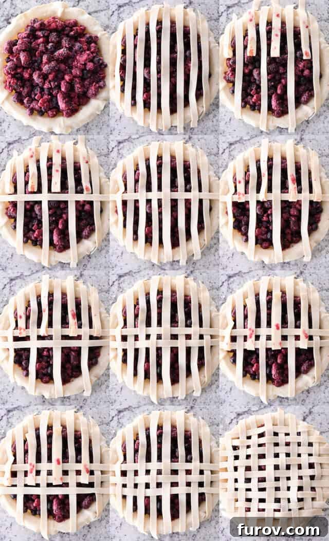 Step-by-step photographic guide demonstrating how to weave pie crust strips to form a classic lattice top on an unbaked triple berry pie.