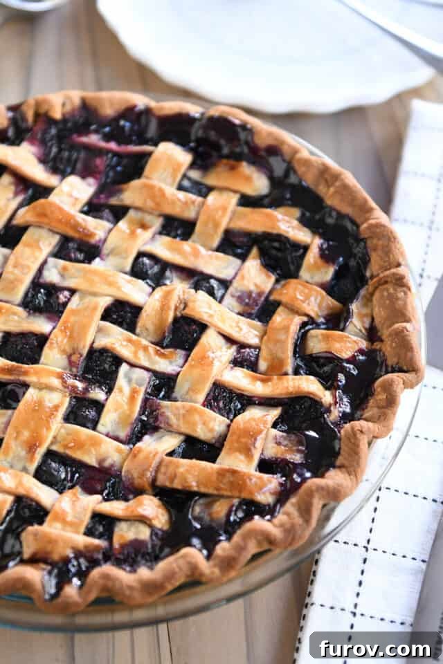 A perfectly baked triple berry pie with a golden-brown lattice top, nestled in a clear glass pie plate, freshly out of the oven.