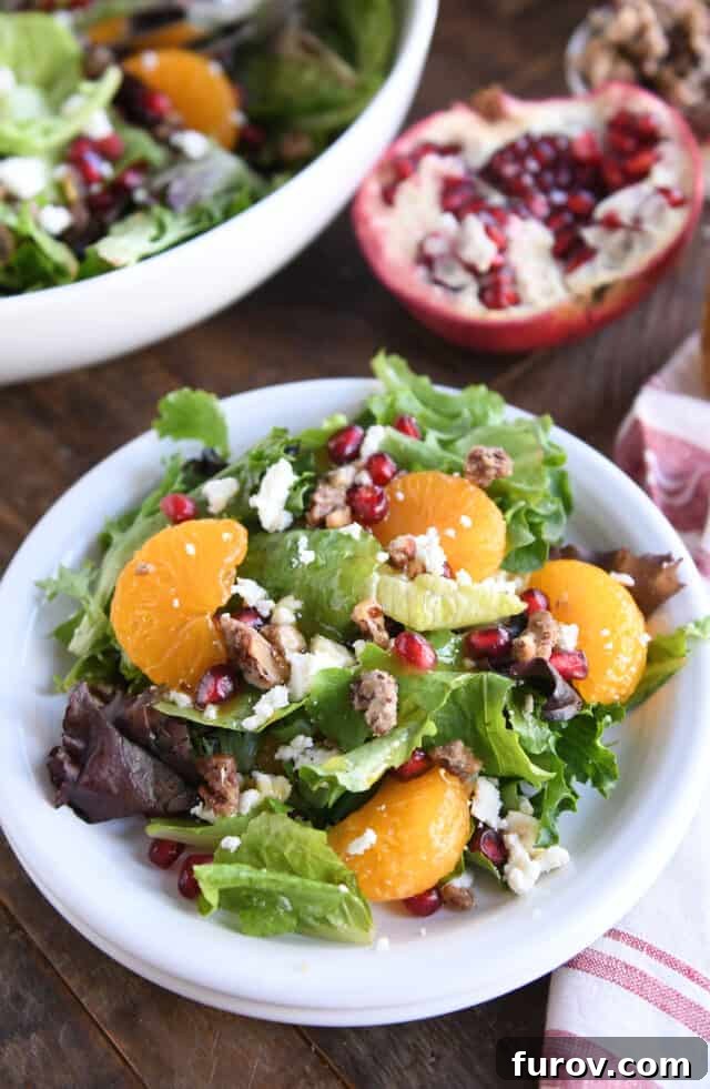 A beautifully arranged holiday salad on a white plate, showcasing vibrant salad greens, bright mandarin oranges, glistening pomegranate arils, crunchy candied nuts, and creamy feta cheese. Perfect for festive meals.