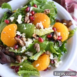 Salad greens, mandarin oranges, pomegranate arils, candied nuts and feta cheese on white plate.