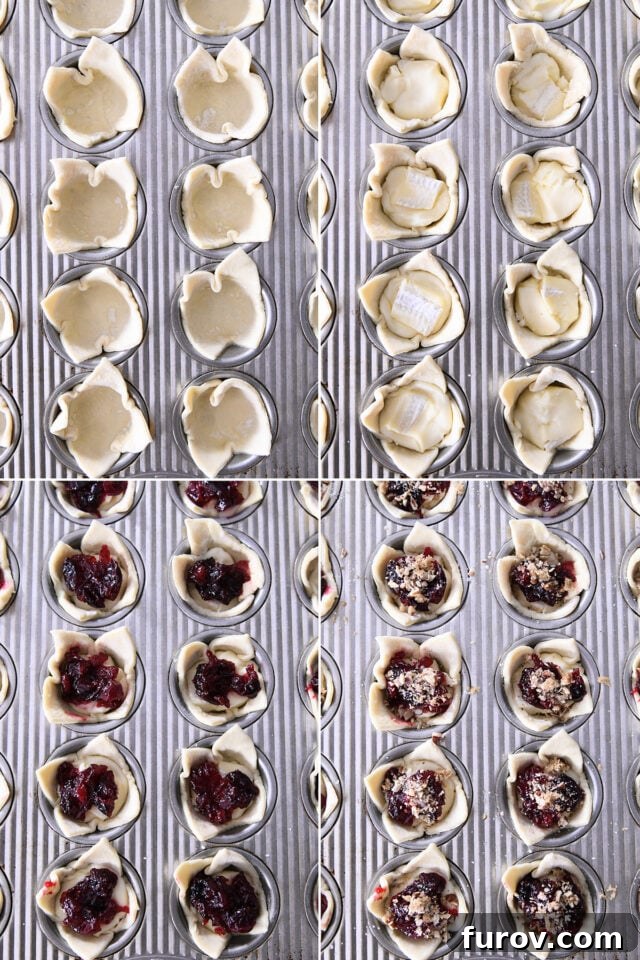 Sweet & Savory Brie Cranberry Puffs 6 Puff pastry in mini muffin tin; brie cheese in puff pastry; cranberry sauce on top of brie cheese; pecans and brown sugar on top of cranberry sauce.